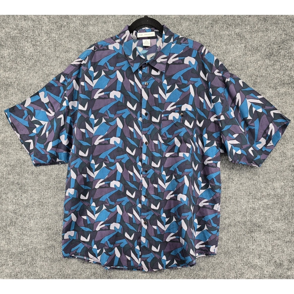 Vtg 90s Men's 100% Silk Shirt Sz‎ XL Blue Purple Short Slv Button Abstract Funky